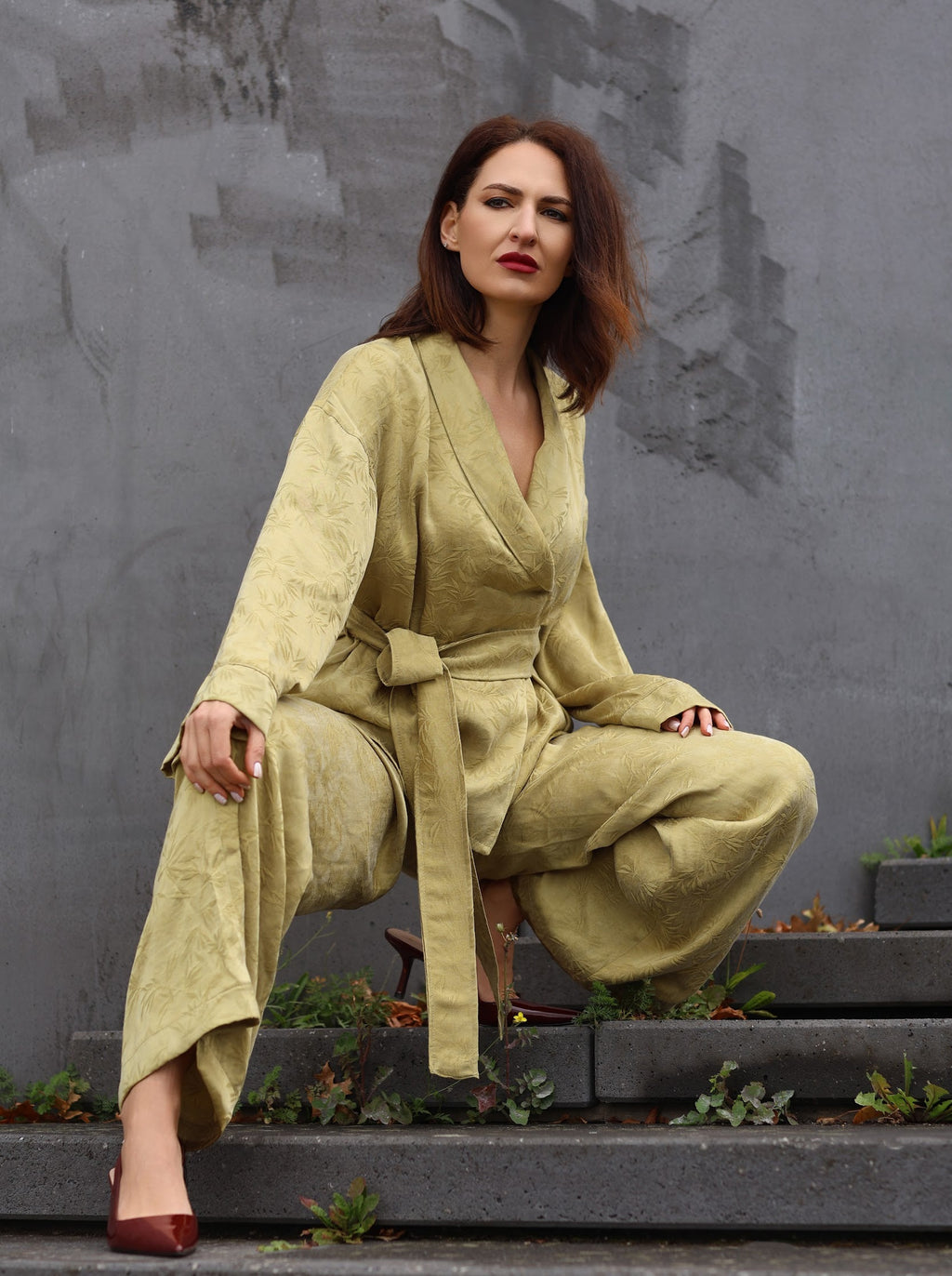 Kimonoanzug aus Lyocell Jacquard, Blätter Lemon