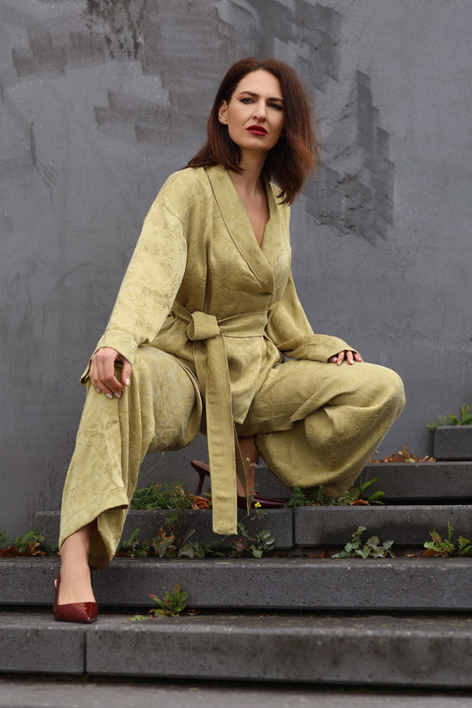 Kimonoanzug aus Lyocell Jacquard, Blätter Lemon