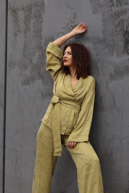 Kimonoanzug aus Lyocell Jacquard, Blätter Lemon
