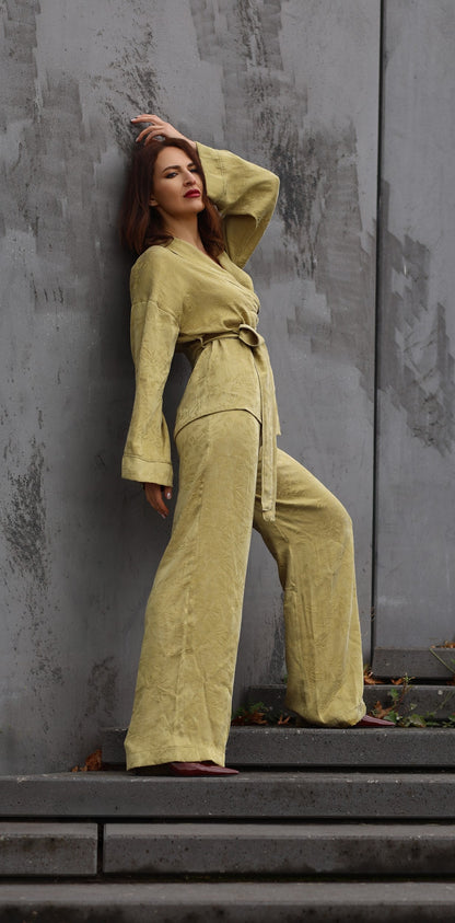 Kimonoanzug aus Lyocell Jacquard, Blätter Lemon