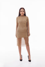 Netzkleid mit Strasssteinen in Beige