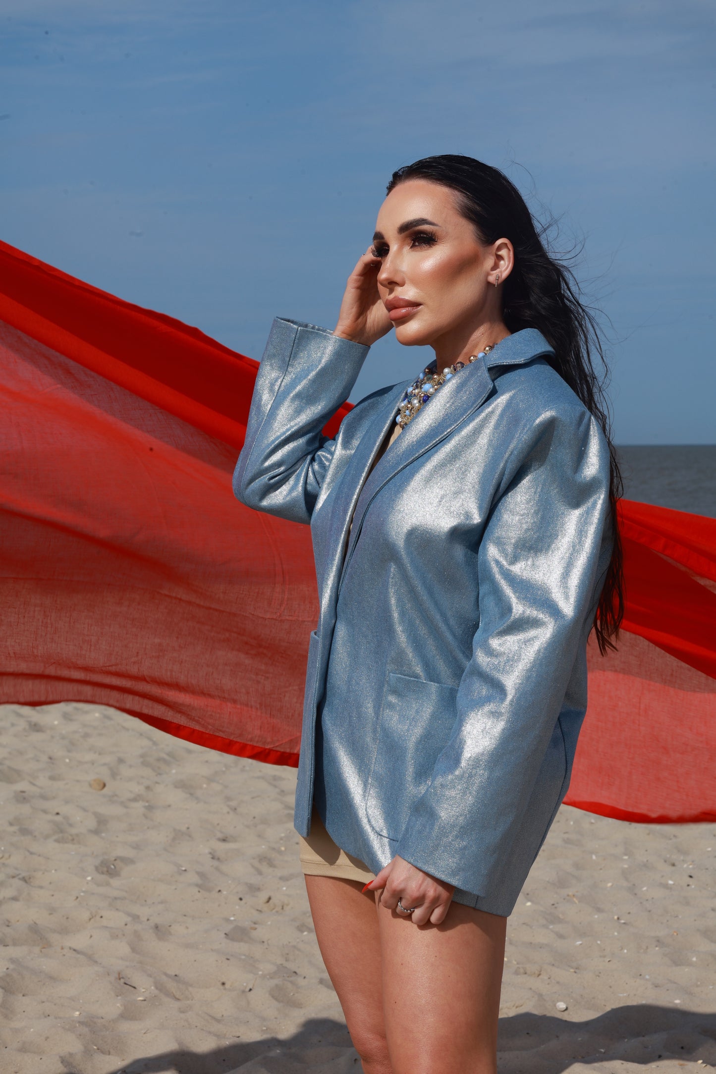 Oversize-Blazer aus Denim mit Glanzbeschichtung