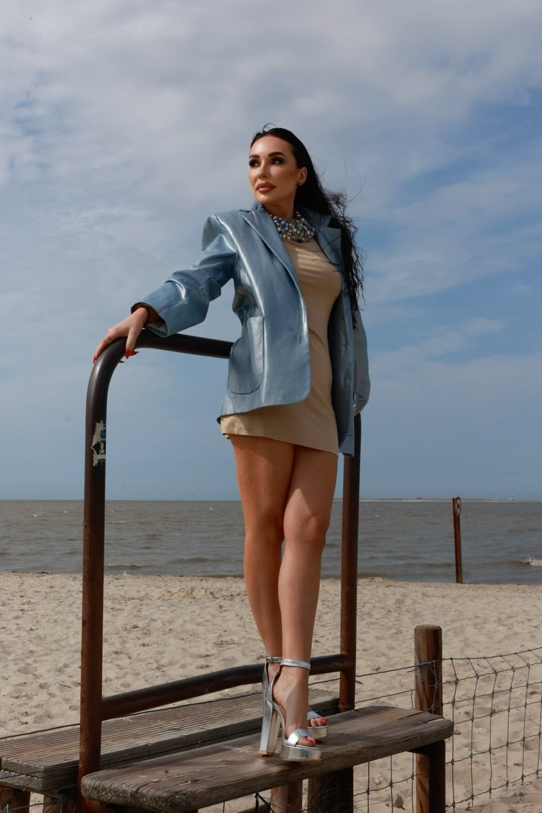 Oversize-Blazer aus Denim mit Glanzbeschichtung