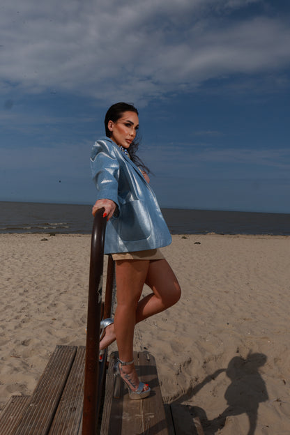 Oversize-Blazer aus Denim mit Glanzbeschichtung